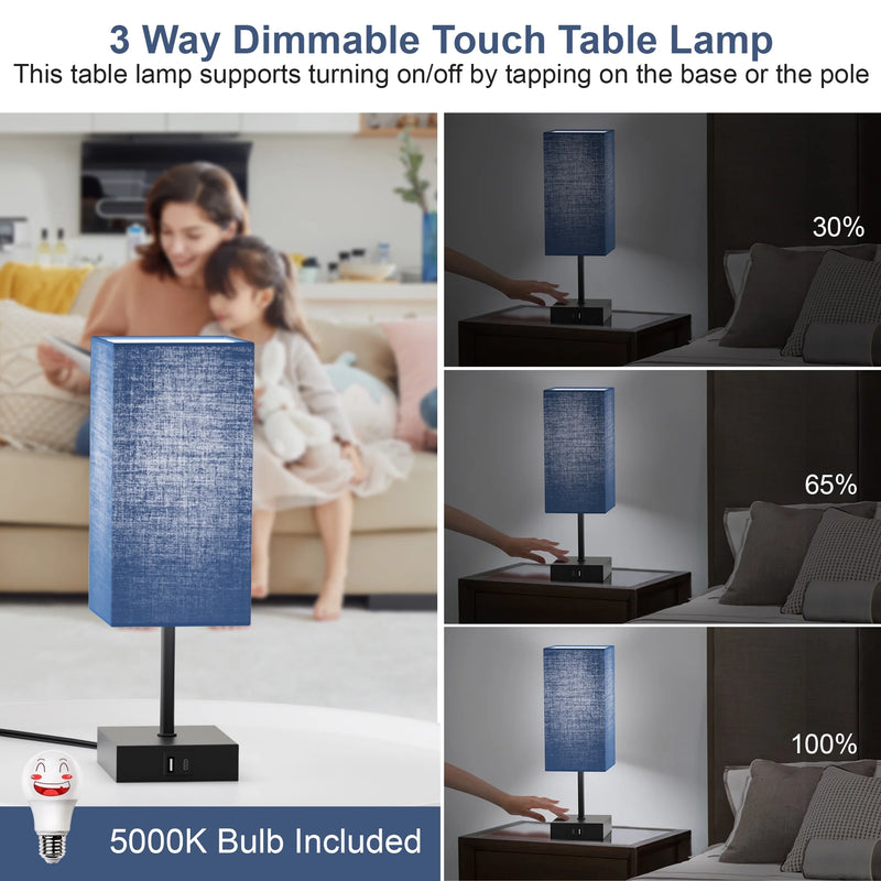 Bedside Table Lamp, Touch Table Lamp with USB C+A Charging Ports, 3-Way Dimmable Small Lamp, Nightstand Lamp for Living Room, Bedroom, Included 5000K Daylight White LED Bulb, Navy Blue