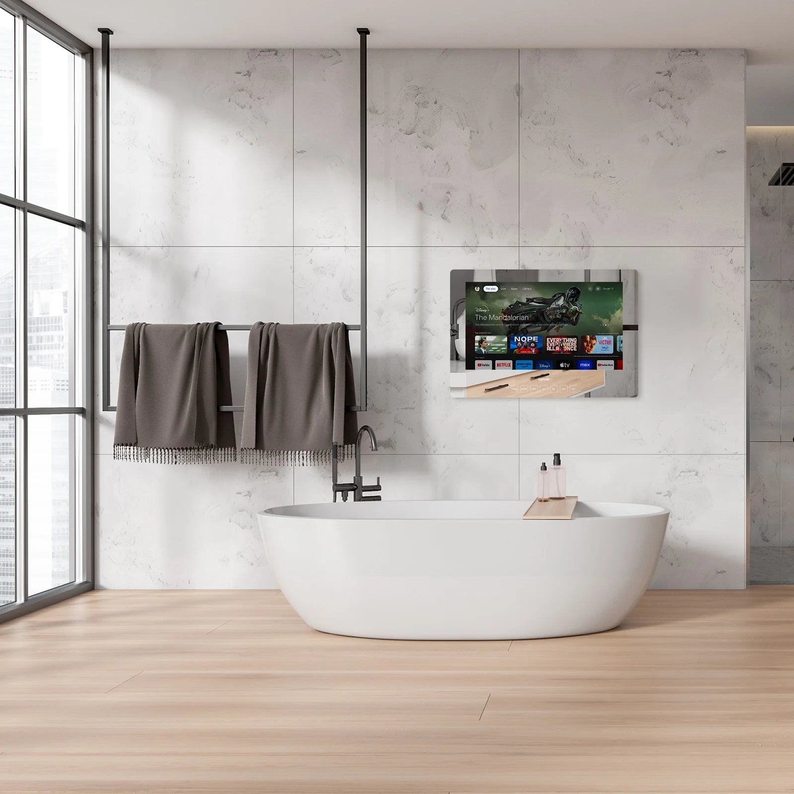 19 Inch Bathroom TV, 1080P Smart Mirror TV Google System NTSC & ATSC Tuner Support Wifi Bluetooth 500 Nits High Brightness, IP66 Waterproof TV for Bathroom Bathtub Hotel Shower Spa (Wall Mount) - Puck's