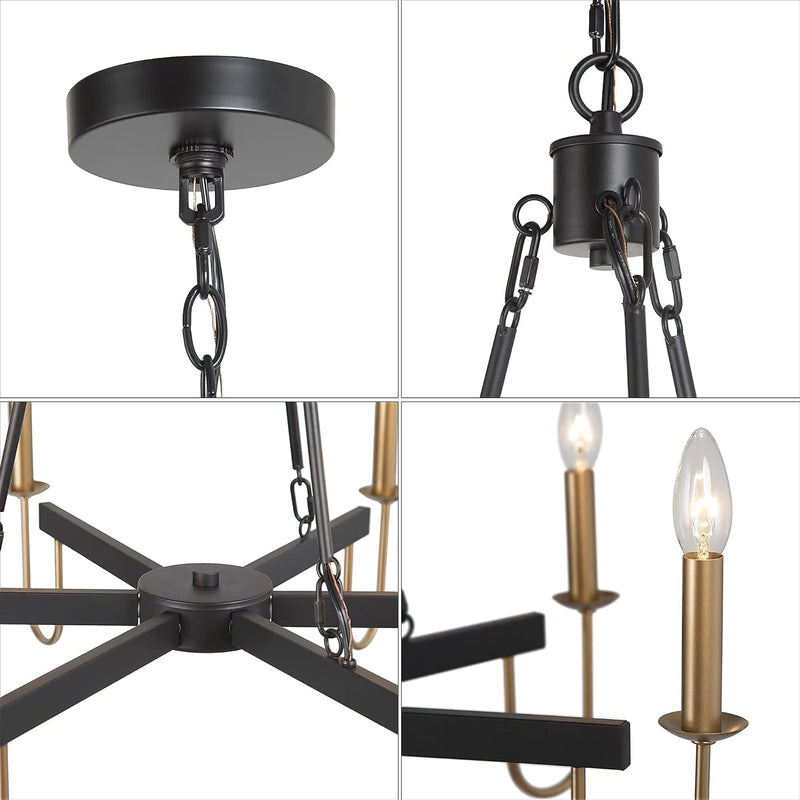 Modern Chandelier, 28" Large Dining Room Chandelier Light Fixture, 6-Light Black and Gold Chandelier, Wagon Wheel Ceiling Lighting Fixture for Living Room, Bedroom, Kitchen - Puck's