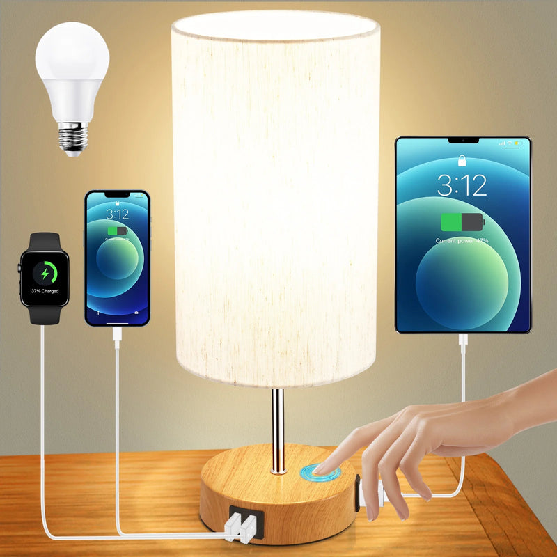 Bedside Lamp, Touch Control Table Lamp with USB A+C Charging Ports & AC Outlet 3-Way Dimmable Nightstand Lamp with Linen Fabric Shade for Bedroom Living Room with Light Bulb