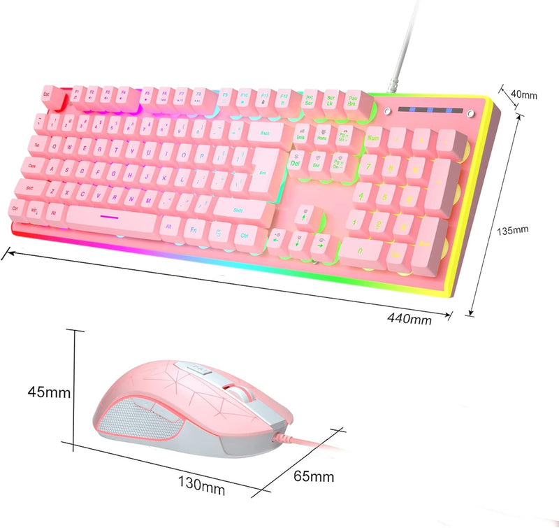 GT838 Gaming Keyboard and Mouse Combo, 104 Keys RGB Backlit Quiet Wired Keyboards for Laptop PC MAC, with Number Pad, Metal Panel, Anti-Ghosting, Pink - Puck's