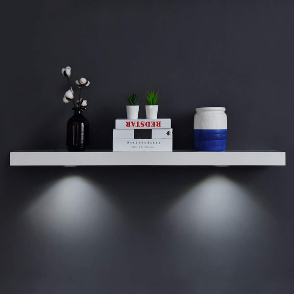 White Floating Shelf with Touch-Sensing Battery Powered LED Light,Wall Mounted Display Shelves for Entrance, Living Room, Bedroom, Kitchen and Bathroom (48-INCH, White) - Puck's