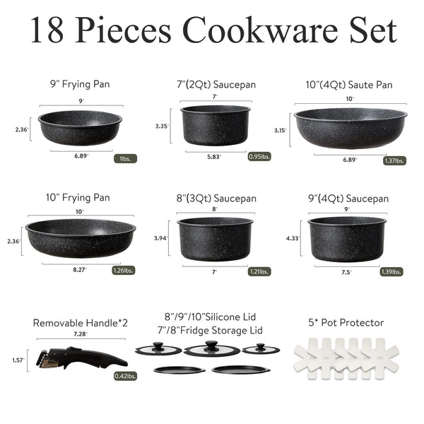 18 Pcs Nonstick Cookware Sets, Pots and Pans Set with Detachable Handle, Black - Puck's
