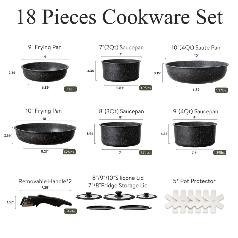 18 Pcs Nonstick Cookware Sets, Pots and Pans Set with Detachable Handle, Black - Puck's