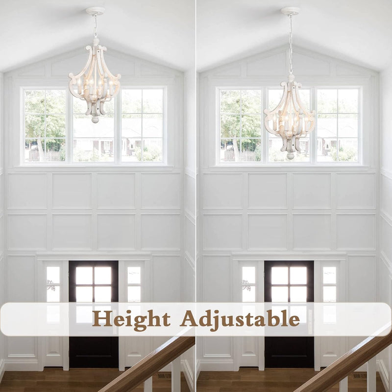 Farmhouse Rustic Wood Light Fixture Distressed White Dining Room Pendant Chandelier French Country 4 Light Candle Hanging Lamp for Kitchen Island Living Room Bedroom Entryway Foyer - Puck's