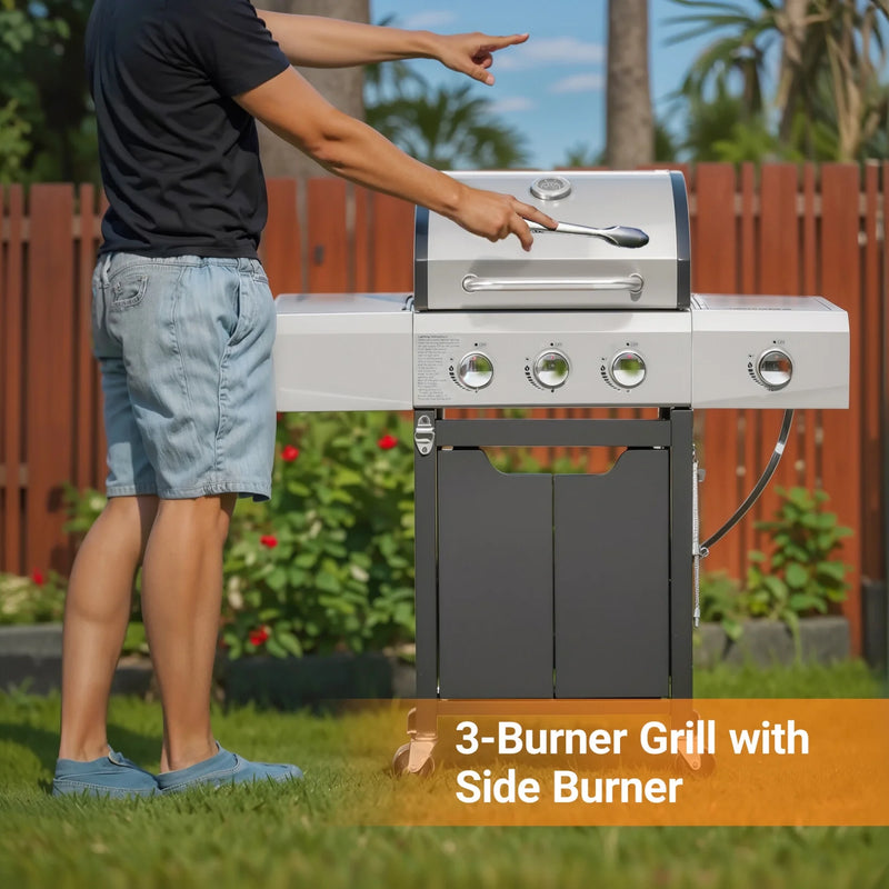 3 Burner Propane Gas BBQ Grill with Side Burner, Stainless Steel BBQ Grill with Cover for Outdoor Cooking and Patio Backyard, 40,500 BTU (3+1 Burner)