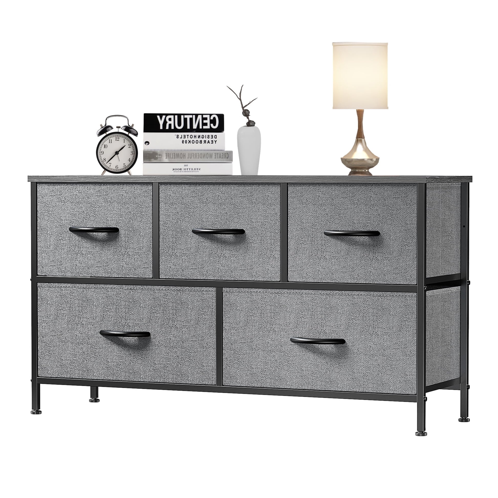 5 Drawer Dresser, Wide Chest of Drawers Nightstand Storage Tower Storage Dresser Fabric Dresser with Wood Top for Living Room, Bedroom, Hallway, Grey - Puck's