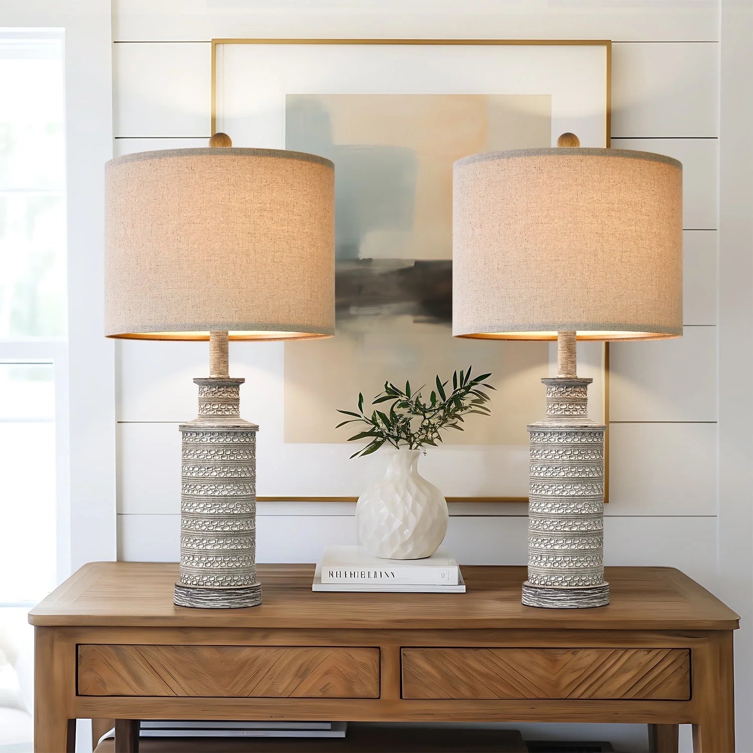 Farmhouse Table Lamps Set of 2 for Living Room Bedroom 24.5" Retro Nightstands Bedside Lamp Sets Resin - Puck's