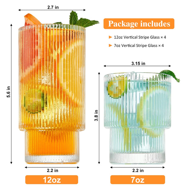 12 Oz Stackable Ribbed Beverage Glasses (Set of 8) - Puck's