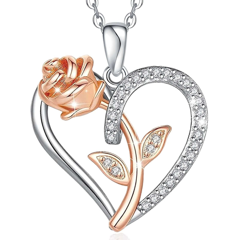 Sterling Silver Necklace for Woman Gift for Wife from Husband Valentines Day Gift for Women Rose Heart Necklace for Girlfriend Birthday Gifts Mother Daughter Pendant Rhodium 18K Rose Gold - Puck's