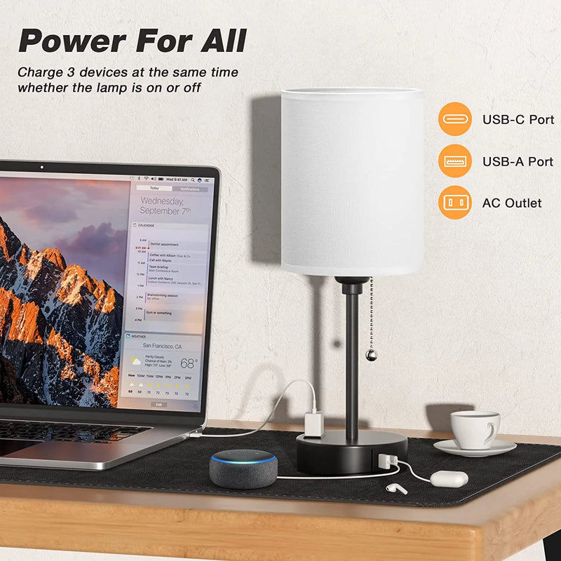 Table Lamp with USB Ports, AC Outlet, 3 Color Temperatures, 14.6 Inch Bedroom Lamp