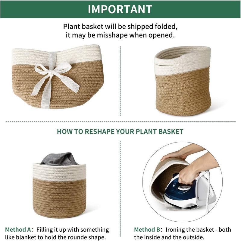 8"X7.5" Basket Planters for Indoor Plants, up to 7.5 Inch Flower Pot, Sturdy Woven Rope Organizer with Handle, Small, White Brown Stripes - Puck's