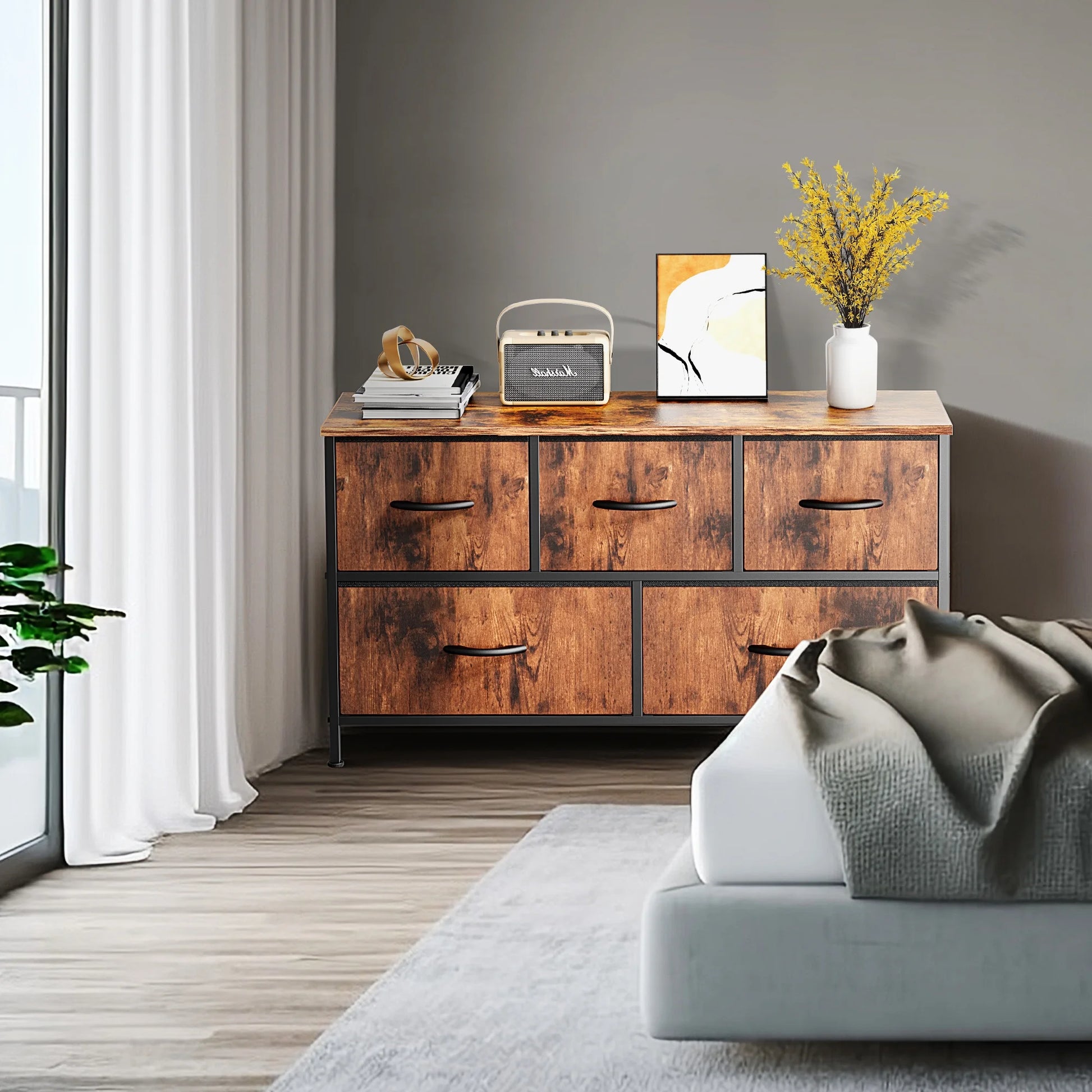 5 Drawer Dresser, Wide Chest of Drawers Nightstand Storage Tower Storage Dresser Fabric Dresser with Wood Top for Living Room, Bedroom, Hallway, Rustic Brown - Puck's