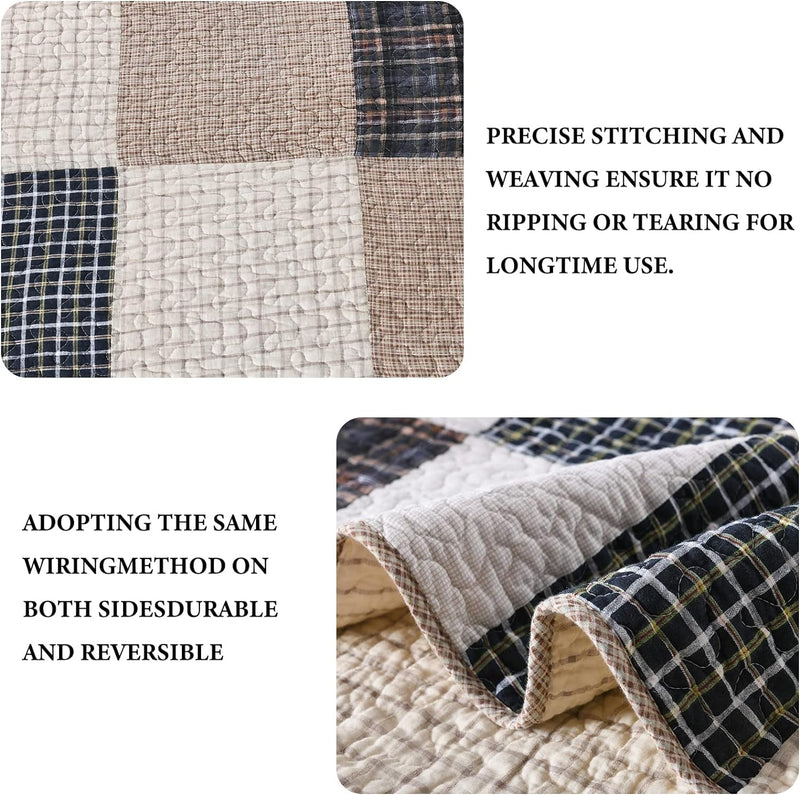 Quilt 100% Cotton King Size Quilt Set, Brown Khaki Black White Patchwork Plaid Bedspread, Lightweight Reversible Soft Summer Quilt Bedding Set, 3-Pieces - Puck's