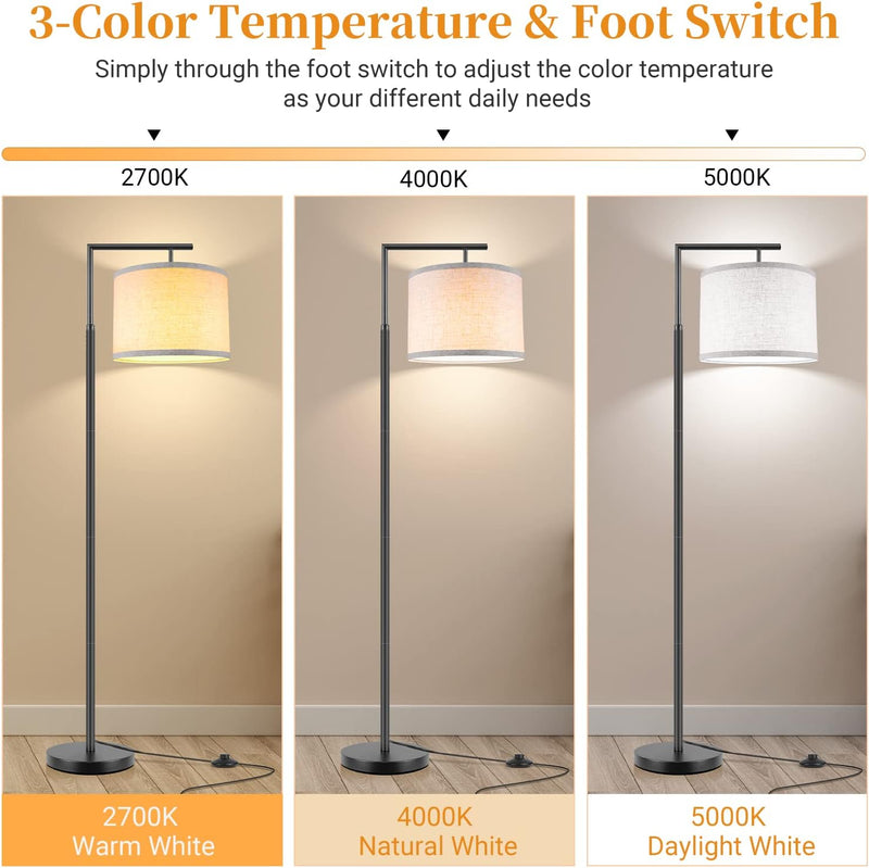 Floor Lamp for Living Room with 3-Color Temperature 9W LED Bulb, Modern Standing Lamp with Linen Beige Shade & Foot Switch, Tall Pole Lamp for Bedroom, Study Room, Office, Kids Room (Black) - Puck's
