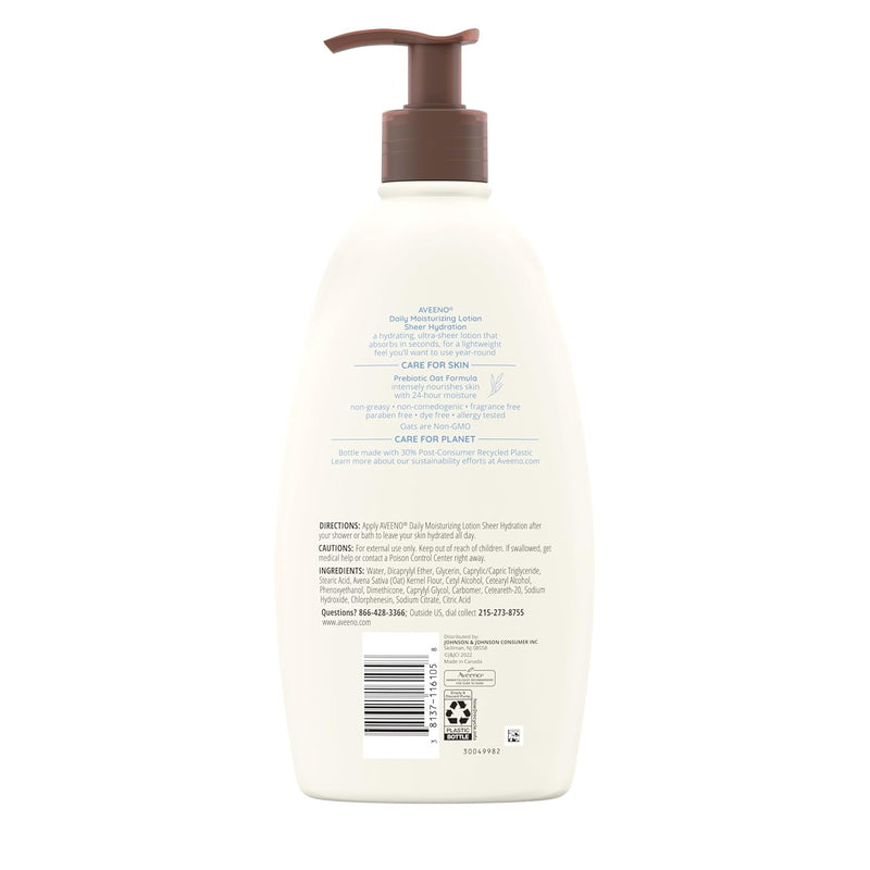 Sheer Hydration Daily Moisturizing Fragrance-Free Lotion with Nourishing Prebiotic Oat, Fast-Absorbing Body Moisturizer for Dry Skin with Lightweight, Breathable Feel, 18 Fl. Oz - Puck's