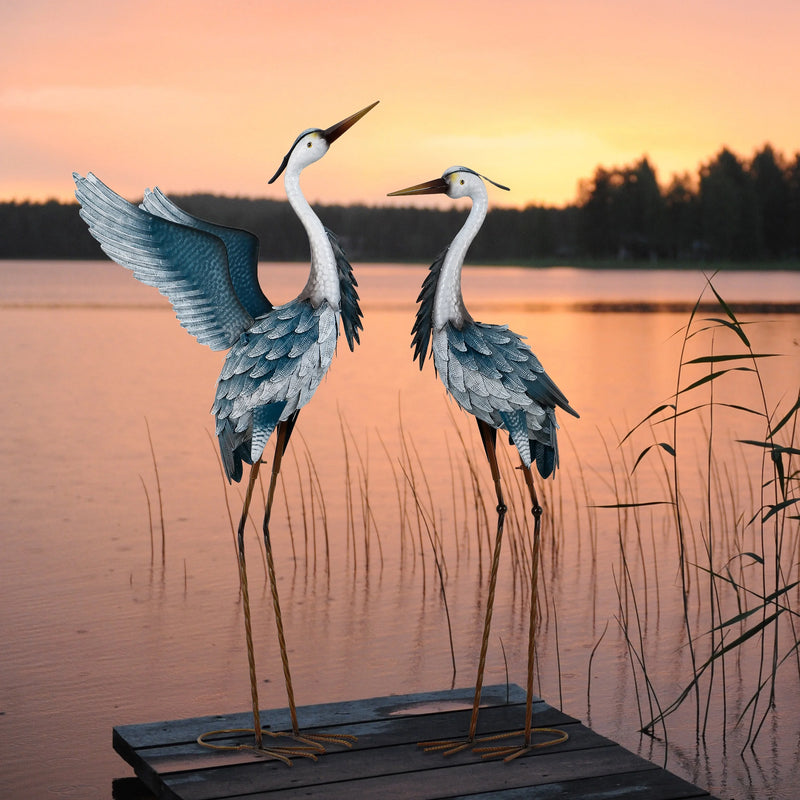 2Pcs 40.75''H, 37.20''H Blue Metal Heron Decor Garden Sculptures Statues, Large Crane Bird Yard Art for Outdoor Porch Party Decorations - Puck's