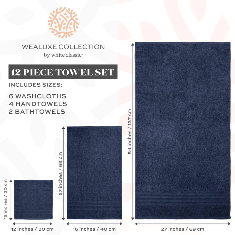 12 Pcs Bath Towel Set for Bathroom Wealuxe Collection 100% Cotton Soft Navy Blue - Puck's