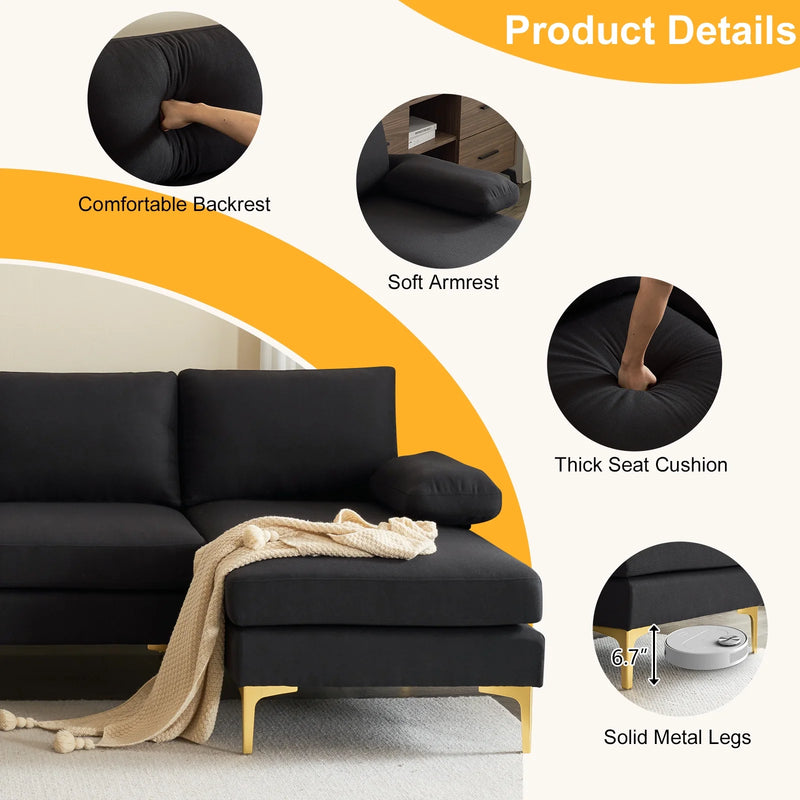 Sectiebank, U-vorm converteerbare bank set met zachte linnen stof, lounge slaapbank met Chaise voor woonkamer 4 zetels zwart - Puck's