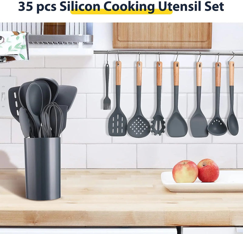 35Pcs  Chef Kitchen Cooking Utensils Set, Non-Stick Silicone Cooking Kitchen Utensils Spatula Set with Holder, Wooden Handle Silicone Kitchen Gadgets Utensil Set -Grey - Puck's