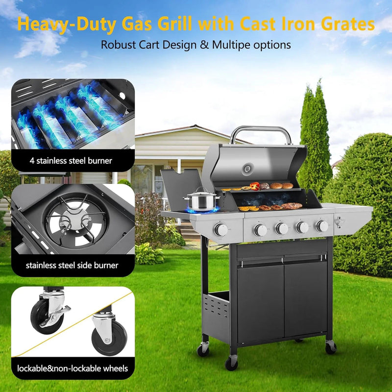 4-Burner Propane Gas Grill with Side Burner, 46700 BTU Porcelain-Enameled Cast Iron Grates Outdoor Cooking Stainless Steel BBQ Grills Cabinet, Black