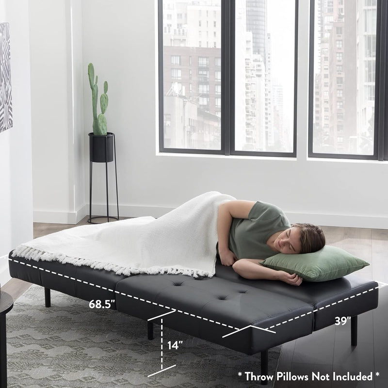 Gilman Futon - Sofa Bed Couch - Small Living Room Furniture - Armless Black Faux Leather - Puck's