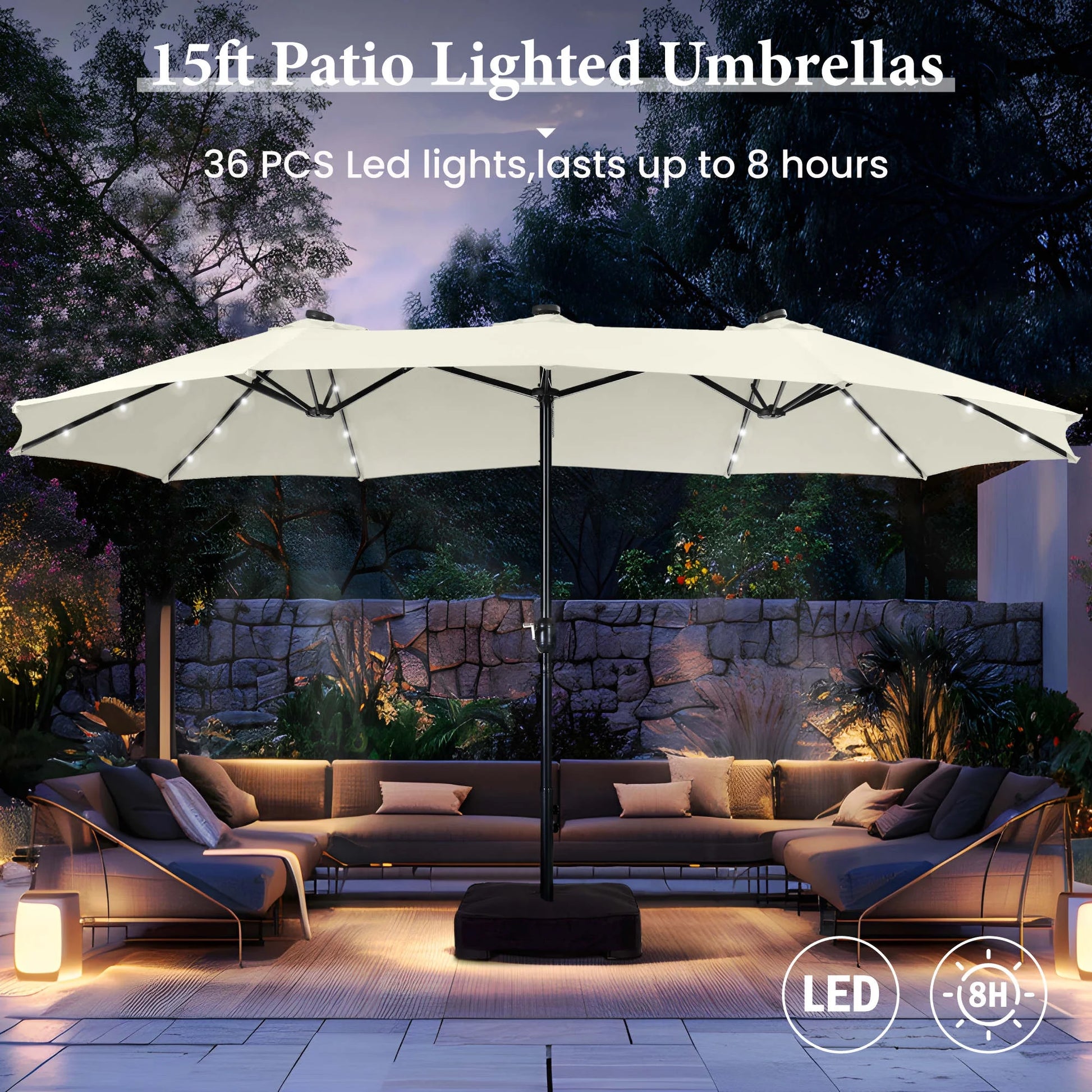 15Ft Double-Sided Solar Patio Umbrella with Base (Included) Large Outdoor Umbrella with Solar Lights - Ivory - Puck's