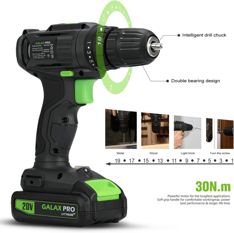 2-Speed Drill 20V MAX Lithium-Ion Drill/Driver, 3/8'' Electric Drill with 19+1 Torque Setting, 68 Pieces Accessories Ideal for Home Improvement and DIY Project - Puck's
