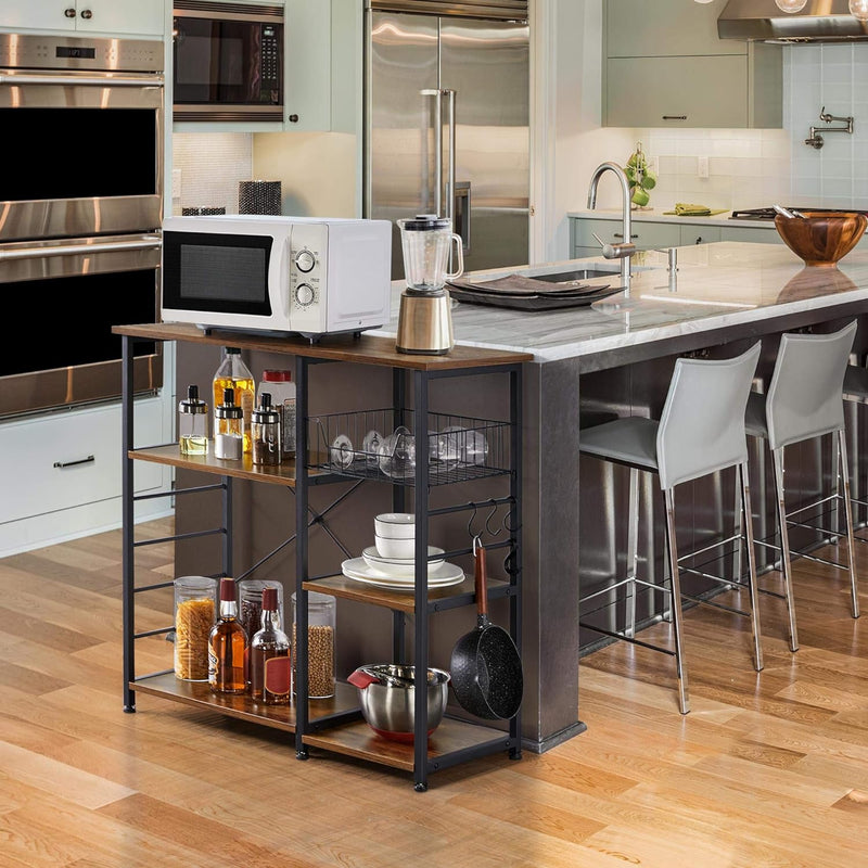 4-Tier Kitchen Baker'S Rack, Coffee Bar Microwave Stand Cart with Wire Basket & 6 Side Hooks, Kitchen Organizer Shelf for Spices/Utensils Foods, Rustic Brown - Puck's
