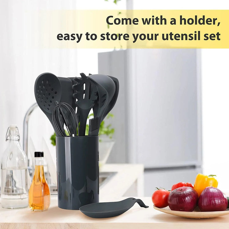 35Pcs  Chef Kitchen Cooking Utensils Set, Non-Stick Silicone Cooking Kitchen Utensils Spatula Set with Holder, Wooden Handle Silicone Kitchen Gadgets Utensil Set -Grey - Puck's