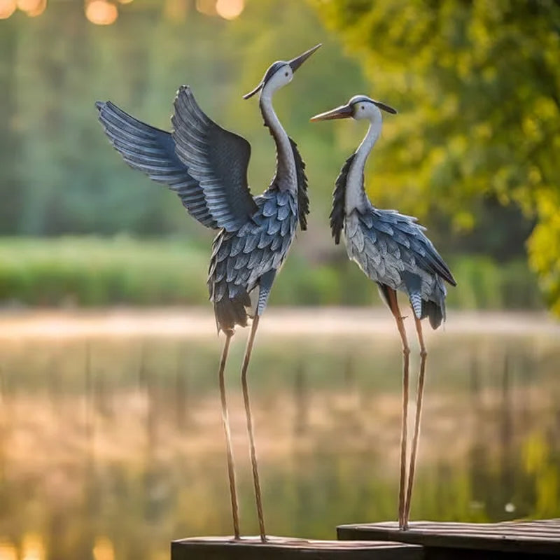 2Pcs 40.75''H, 37.20''H Blue Metal Heron Decor Garden Sculptures Statues, Large Crane Bird Yard Art for Outdoor Porch Party Decorations - Puck's