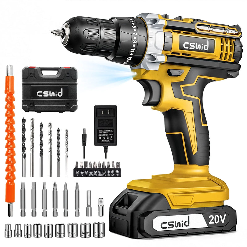 20V Cordless Power Drill Set, Drill Kit with 1 Lithium-Ion & Charger, 3/8" Keyless Chuck, Electric Drill W/ 2 Variable Speed & LED Light, 25+1 Position and 34Pcs Drill/Driver Bits(Yellow) - Puck's