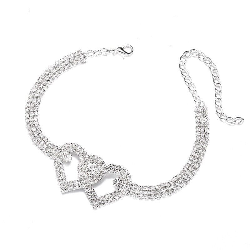 Double Heart Anklet Bracelet Love Barefoot Chain Bling Crystal Ankle Bracelet US - Puck's