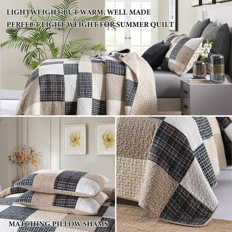 Quilt 100% Cotton King Size Quilt Set, Brown Khaki Black White Patchwork Plaid Bedspread, Lightweight Reversible Soft Summer Quilt Bedding Set, 3-Pieces - Puck's