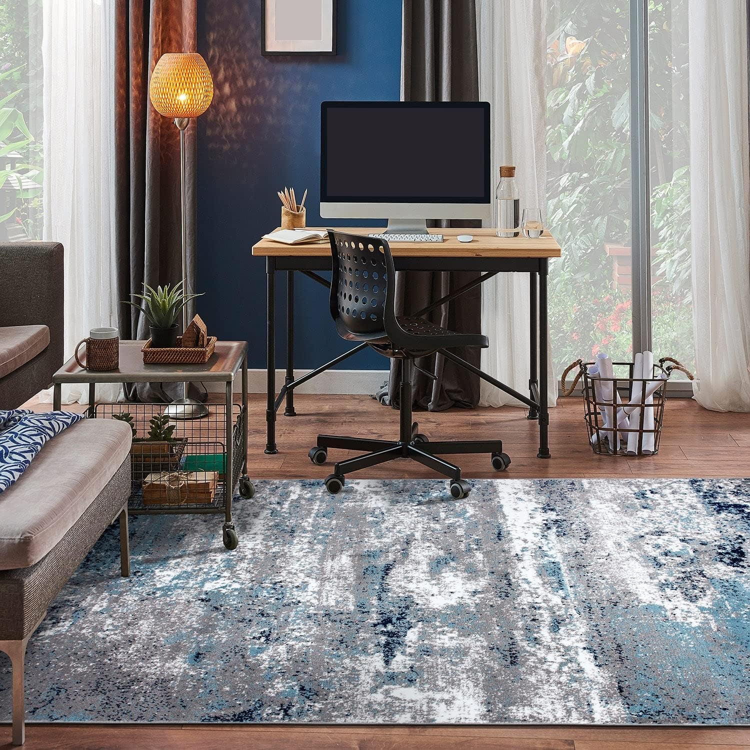 Distressed Abstract Watercolor Area Rug 5' X 7' Blue - Puck's