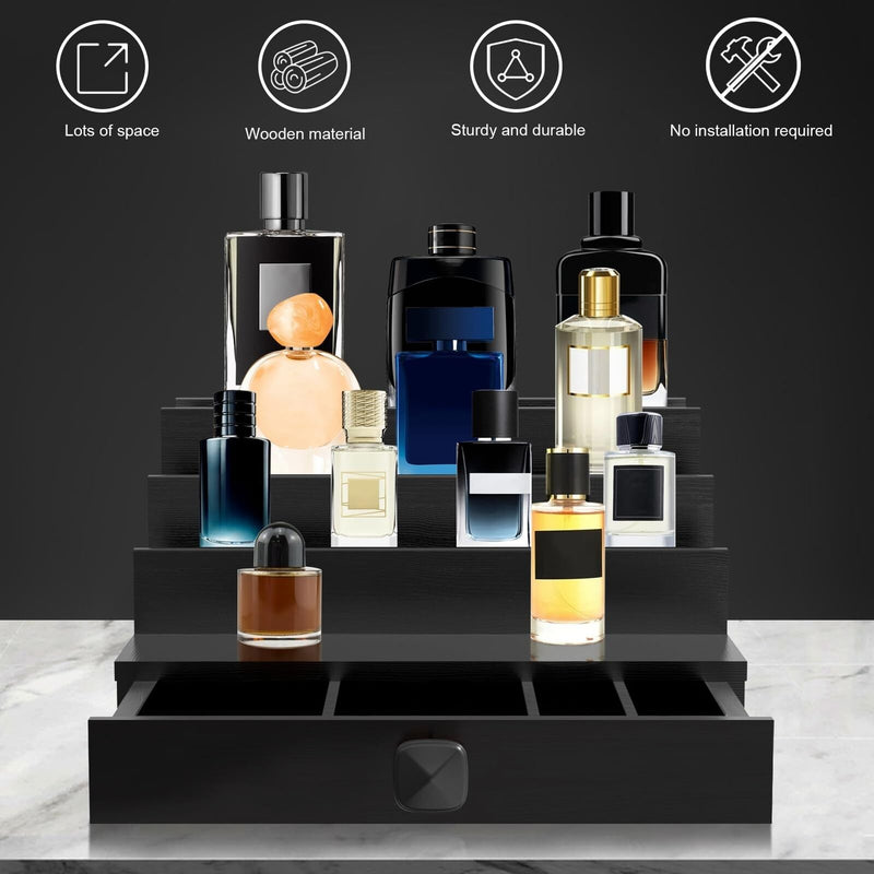 Cologne Organizer for Men, 4 Tier Black Wood Perfume Organizer with Felt Lini... - Puck's