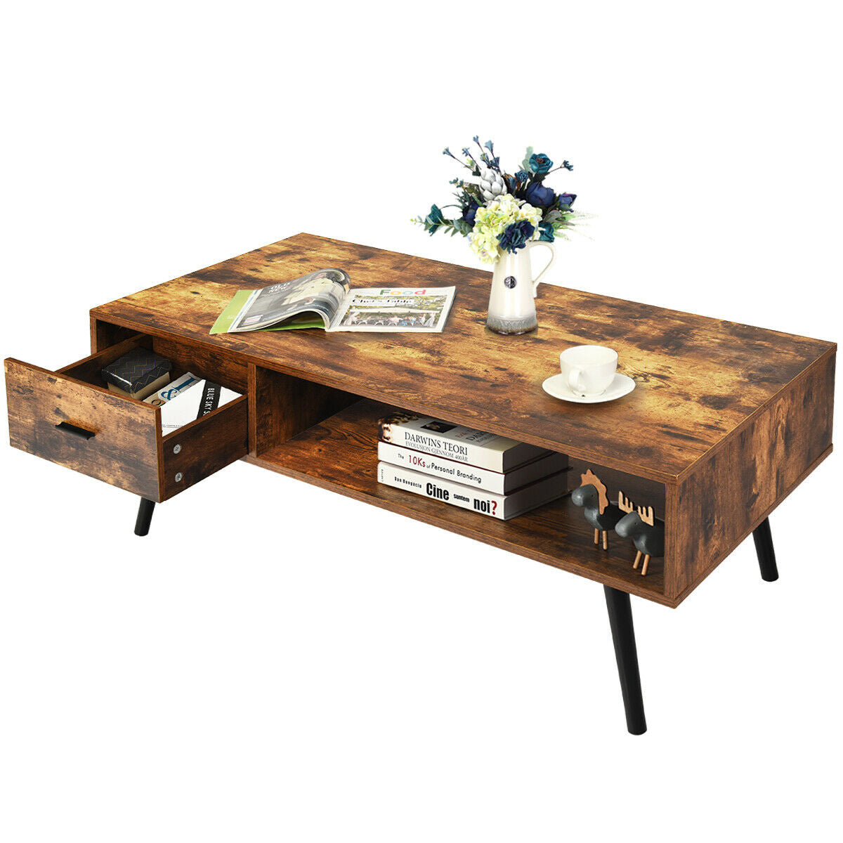 Retro Coffee Table Mid Century Modern Living Room Furniture W/Open Storage Shelf - Puck's