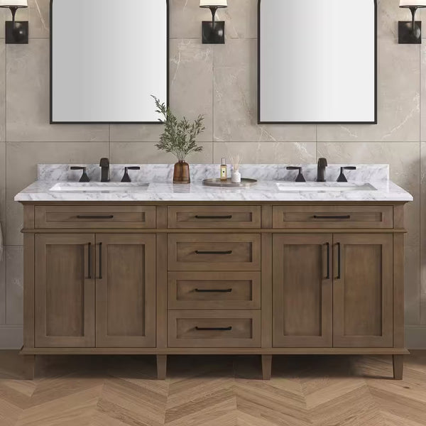 Sonoma 72 In. Double Sink Almond Latte Bath Vanity with Carrara Marble Top (Assembled) - Puck's