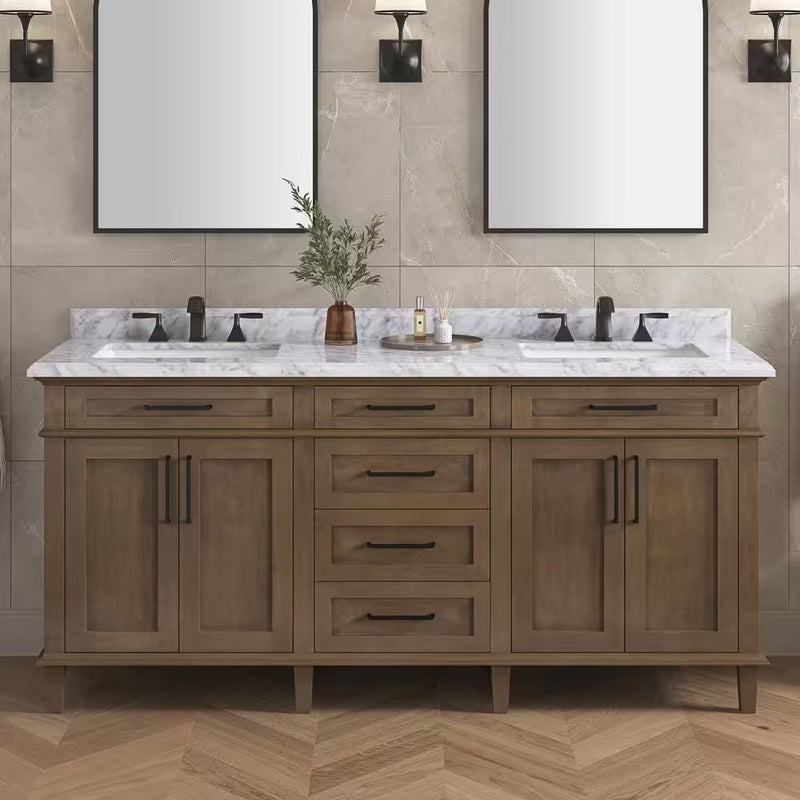 Sonoma 72 In. Double Sink Almond Latte Bath Vanity with Carrara Marble Top (Assembled) - Puck's