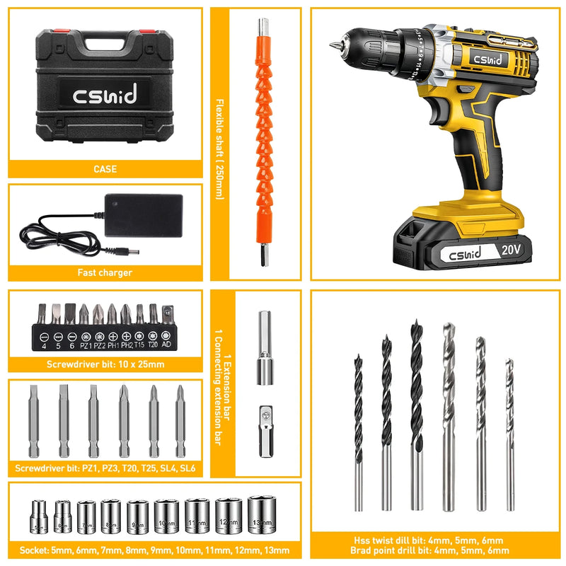 20V Cordless Power Drill Set, Drill Kit with 1 Lithium-Ion & Charger, 3/8" Keyless Chuck, Electric Drill W/ 2 Variable Speed & LED Light, 25+1 Position and 34Pcs Drill/Driver Bits(Yellow) - Puck's