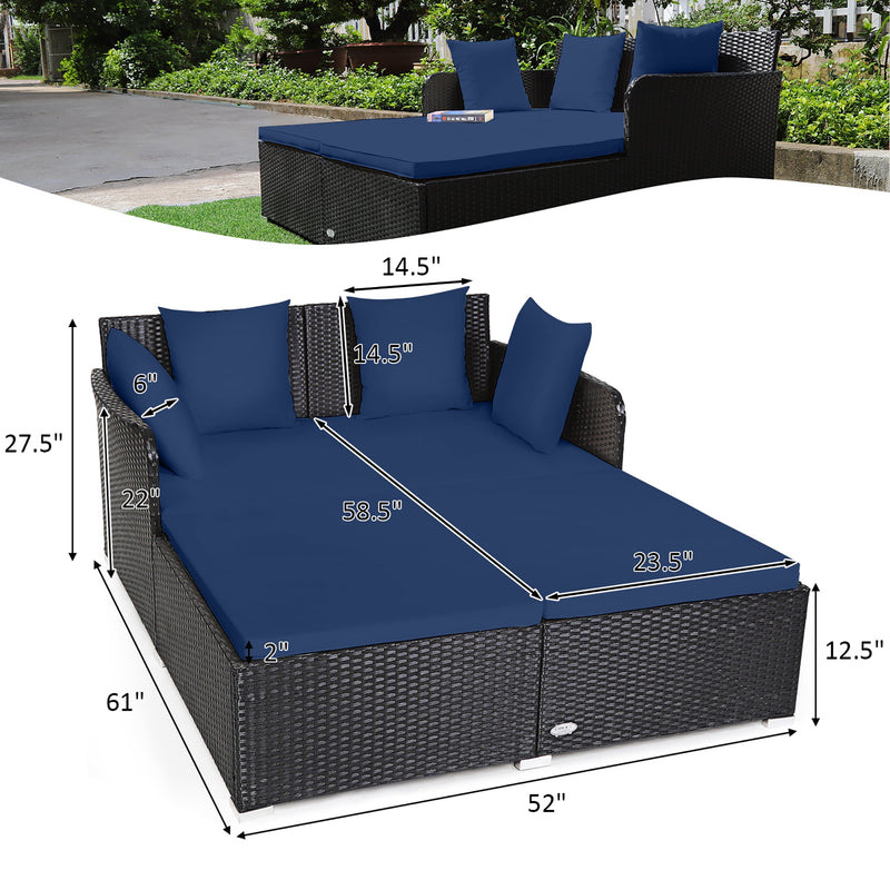 Outdoor Patio Rattan Daybed Pillows Cushioned Sofa Furniture Navy - Puck's