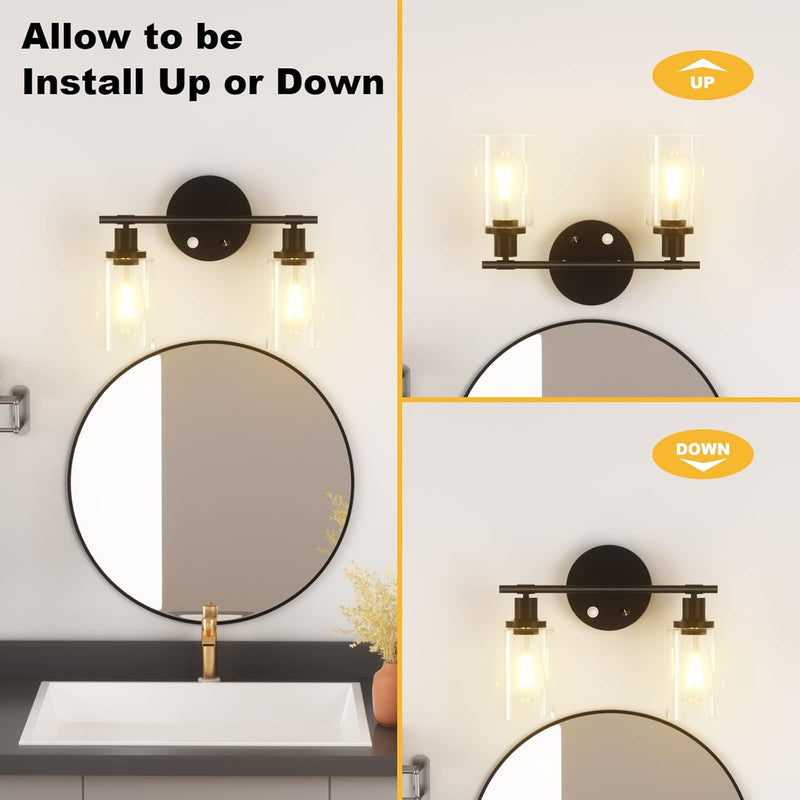 2 Light Bathroom Vanity Lights Fixtures with Motion Sensor, Black Industrial Wall Lighting Sconces with Glass Shade Modern Lamp for Cabinets, Farmhouse, Porch, Corridor, Mirror (Bulb Not Included) - Puck's
