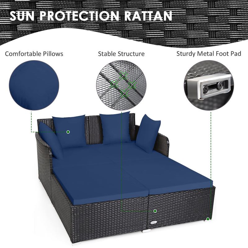 Outdoor Patio Rattan Daybed Pillows Cushioned Sofa Furniture Navy - Puck's