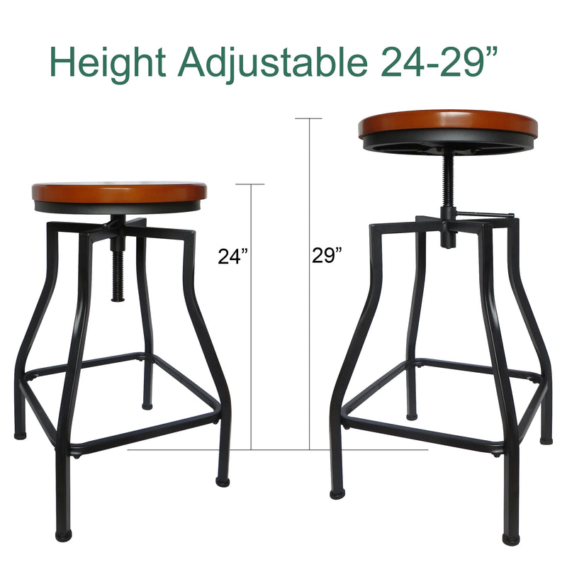 Industrial Adjustable Swivel Metal Kitchen Counter Stool with Wood Veneer Seat, Rustic Brown and Black, Set of 3 - Puck's