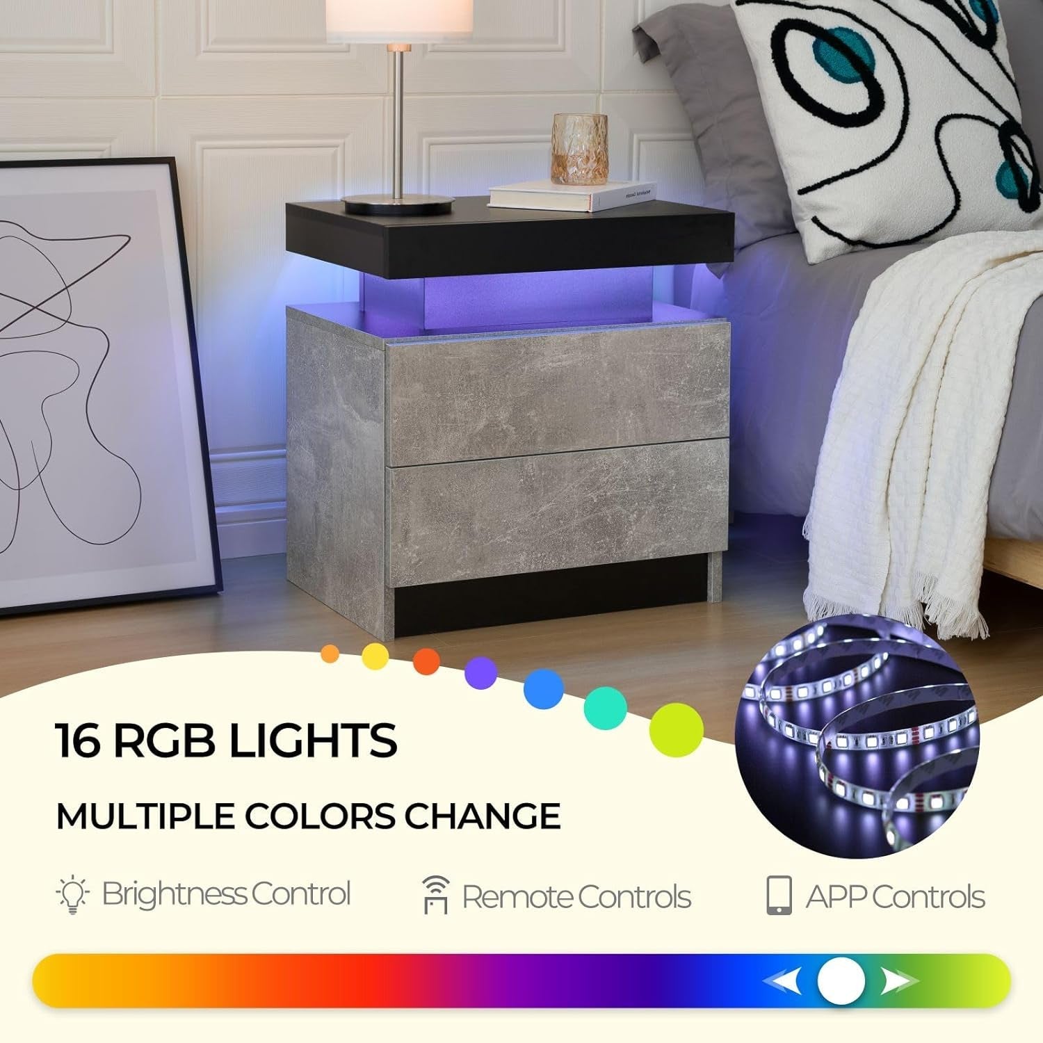 Bedside Table with 2 Drawers, LED Nightstand Wooden Cabinet Unit with LED Lights for Bedroom, End Table Side Table for Bedroom Living Room, Grey - Puck's