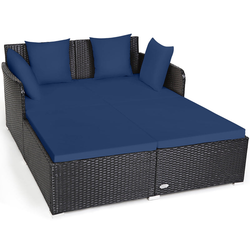 Outdoor Patio Rattan Daybed Pillows Cushioned Sofa Furniture Navy - Puck's