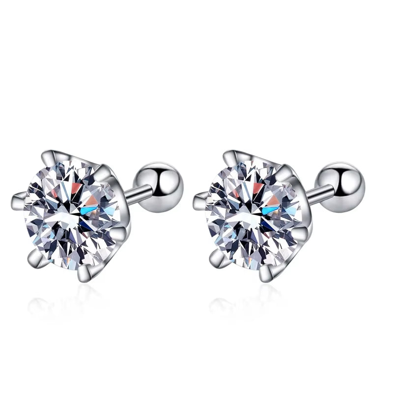 Moissanite Stud Earrings 18K White Gold Plated Sterling Silver D VVS1 round Cut Lab Diamond Screw Ear Studs for Women - Puck's