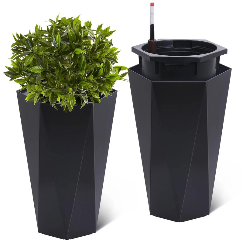 23" Tall Planters Set of 2, Outdoor＆Indoor Planter Pots, High Front Porch Planter Pots with Drainage Holes＆Water Level Monitor＆Inner Bucket, Automatic Watering, Convenience Instill, Black - Puck's