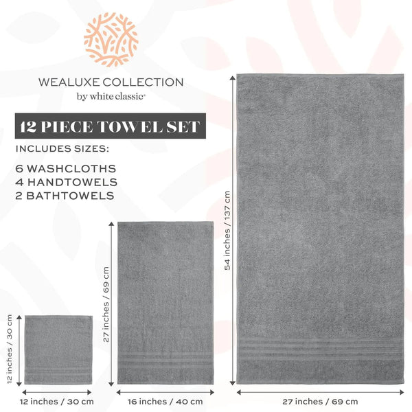 12 Pcs Bath Towel Set for Bathroom Wealuxe Collection 100% Cotton Light Gray - Puck's