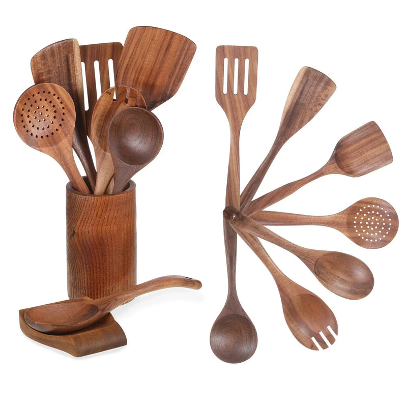 9 Piece Wooden Spoons for Cooking, Kitchen Utensils Sets Spatula, Wood Color - Puck's